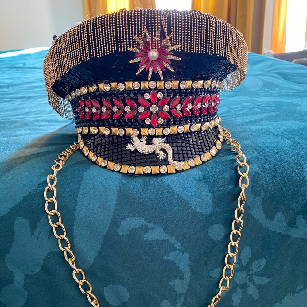 Sequin and rhinestones black hat .